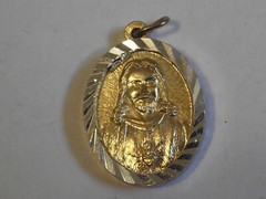 Vintage gold and silver tone plastic medal Sacred Heart of Jesus made in China