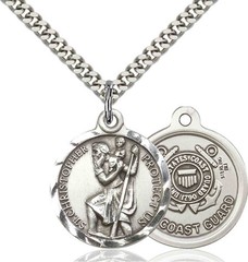 Sterling Silver St Christopher US Coast Guard Medal Pendant Necklace 24″Chain