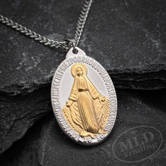 Stainless Steel St Mary Miraculous Medal Pendant Necklace – 1-3/4″, 24” Chain