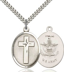 Sterling Silver Cross US Army Military Oval Medal Pendant Necklace 24» Chain