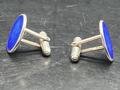 VINTAGE STERLING SILVER BLUE GUILLOCHE ENAMEL SAINT CHRISTOPHER MEDAL Cufflinks