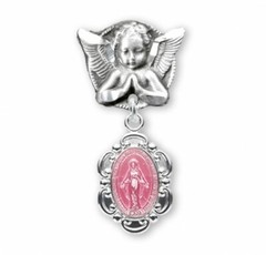 Pink Enameled Miraculous Sterling Silver Medal on an Angel Pin AP2102PK