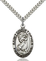 Sterling Silver St Saint Christopher Medal Pendant Necklace 24» Chain Gift Box