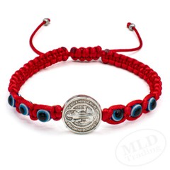 Silver Saint St Benedict Medal Red Bracelet w Blue Evil Eye Protection Beads