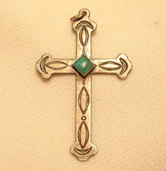 Turquoise Christian Cross Pendant Sterling Silver Antique