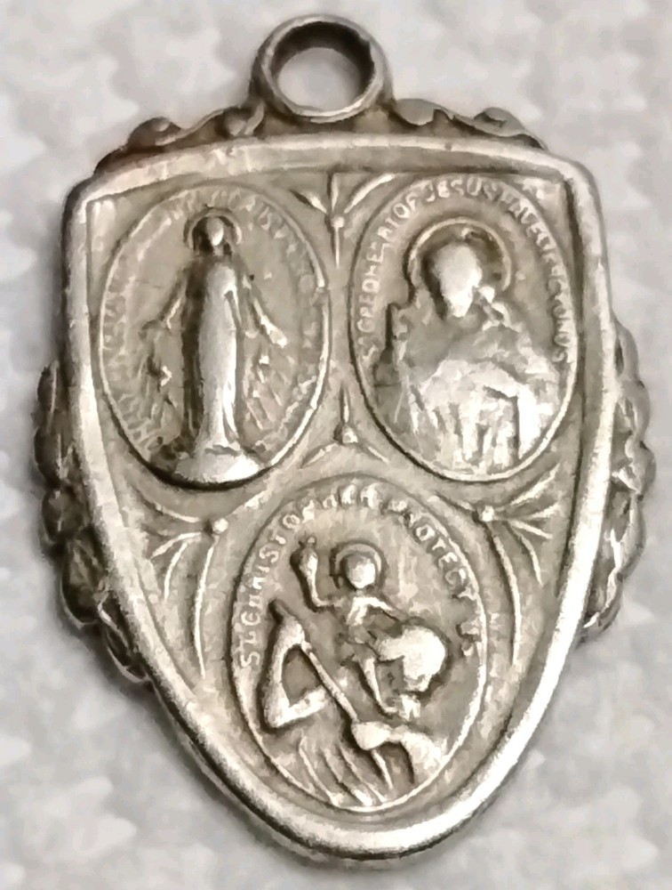 Antique Sterling Shield Religious Medal Saint Christopher Mary Sacred Heart