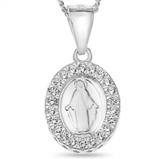 Miraculous Medal Sterling Silver Virgin Mother Mary Pendent Necklace cz set