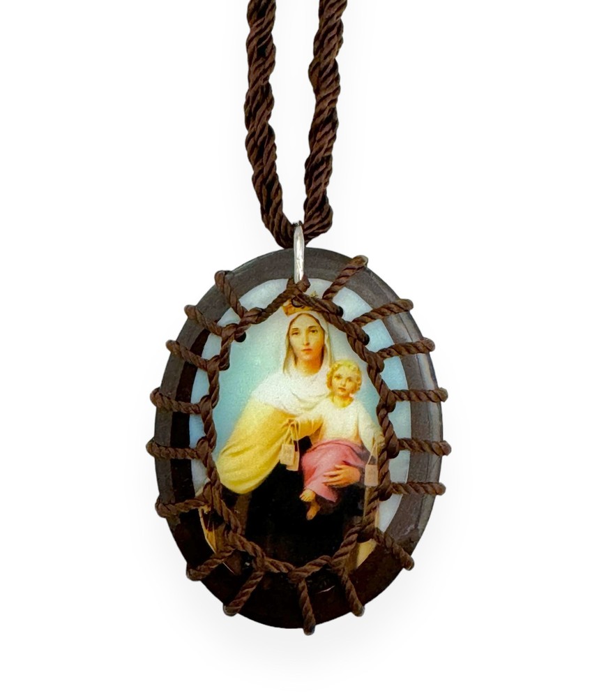 Our Lady of Mt. Carmel Brown Wood Scapular Necklace Virgen Carmen Escapulario