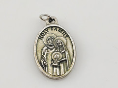 Vintage Holy Family Pray for Us Medal Pendant Italy 1-inch Silver Tone Metal
