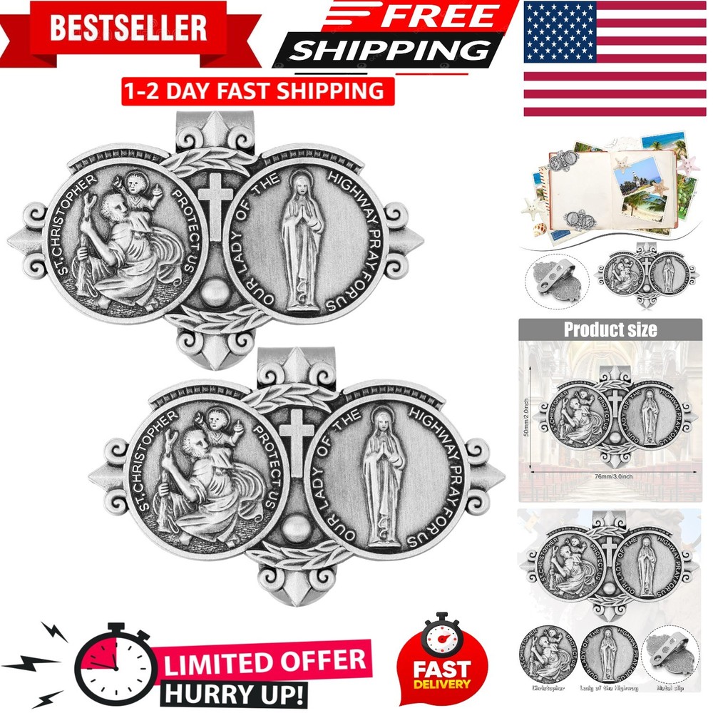 2 Pack St. Christopher Medal for Car Sun Visor Clip Decor Catholic Gift