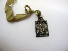 Vintage Sacred Heart of Jesus Medal Pendant Silver Tone Metal Rectangular Open