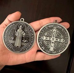 TWO (2) Large St BENEDICT Medals 3” Protection Antique Silver Medalla San Benito