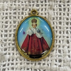 Gold Toned Enameled Religious Infant Jesus of Prague Round Charm Pendant