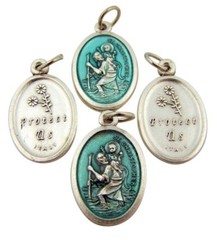 Saint Christopher Silver Plate Green Enamel Travel Protection Medal, Pack of 4