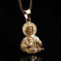 S-Steel Gold Christian Catholic St Saint Jude Jesus Medal Medallion Necklace