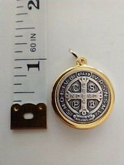Catholic Silver & Gold Tone Red Enamel St Benedict Medal