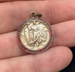 Rare Red Enamel Ringed Vintage Religious Medal Saint Raphael Guide Us SilverTone