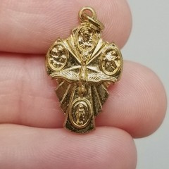 Vintage Small Four Way Saint Cross Pendant Medal Charm Gold Tone Pray for Us