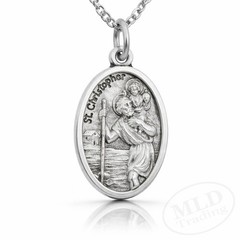 Saint St Christopher Protect Us Oval Silver Medal Pendant Necklace 18″ Chain
