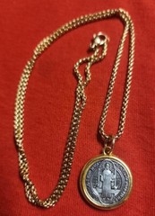 Saint St Benedict Medal Silver And Golden Plated Necklace w 24″ Golden Chain