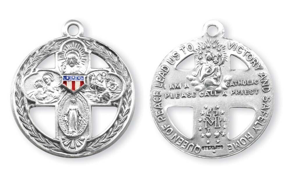 925 Sterling Silver 4 Way Catholic American Military Pendant Medal Necklace