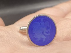 VINTAGE STERLING SILVER BLUE GUILLOCHE ENAMEL SAINT CHRISTOPHER MEDAL Cufflinks