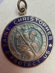 Vintage 1960s Enamel St Christopher Surfer Protection Medal Pendant Blue Rim 1”