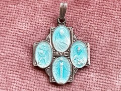 Antique Sterling Silver with Blue Enamel 4 Saints Religious Medal Pendant Charm