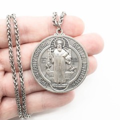 Extra Large 2″ Saint St Benedict Medal Italy Pendant Necklace w 24″ Spiga Chain