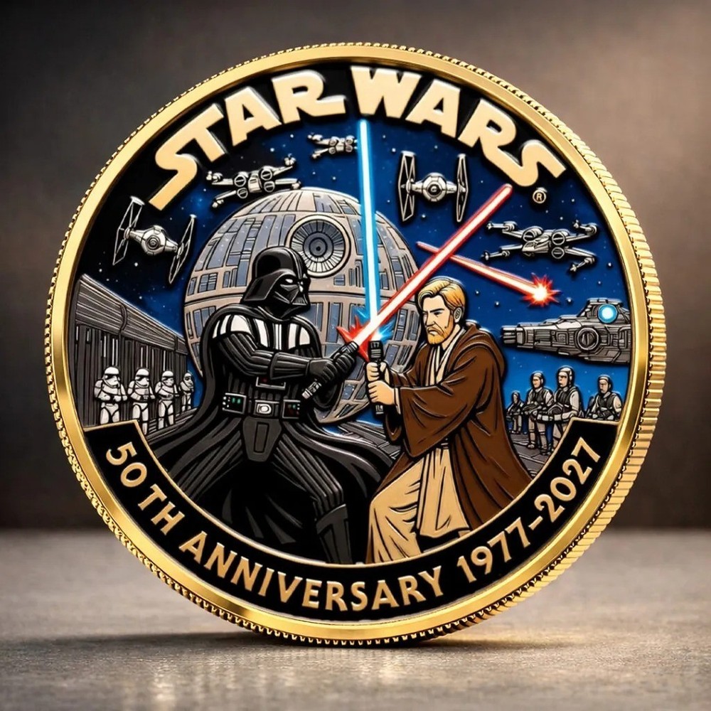 Star Wars 50th Anniversary Coin Darth Vader vs Obi-Wan Kenobi Death Star 1977