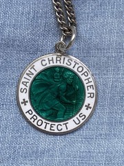 Sterling Silver And Glass Enamel Vintage Saint Christopher Pendant – RARE 1 Inch