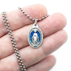 Blue Miraculous Medal Virgin Mary 1″ Pendant Necklace Italy w 24″ Ball Chain