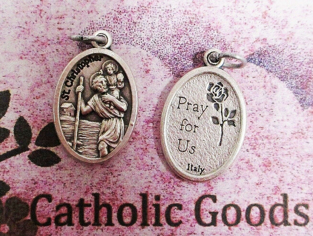 Saint St Christopher + Pray for Us – Ox Die Cast Silver Tone Italian 1″ Medal