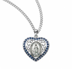 Sterling Silver Heart Shaped Miraculous 0.9″ Medal, Sapphire Colored Stones, 18″