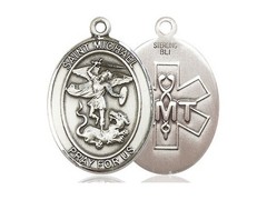 Large Sterling Silver St Saint Michael Pray EMT Medal Pendant Necklace W/ Chain