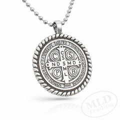 Saint Benedict Medal Necklace – Silver Tone Rope Border Pendant 24” Ball Chain