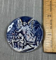 Vintage Medal Pin Glazed Ceramic Guardian Angel Christian H77