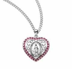 Sterling Silver Heart Shaped Miraculous 0.9″ Medal, Pink Stones, 18″ Chain, Box