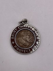 St Christopher Protect Us Medal Brown Enamel Silvertone Sherman China