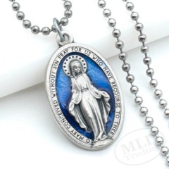 Miraculous Medal Necklace Catholic Virgin Mary 1.5″ Blue Pendant Made In Italy