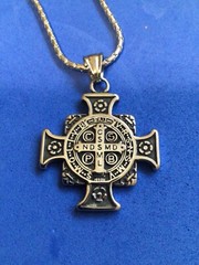 Antiqued St BENEDICT NECKLACE Pendant Protection Saint Medal Stainless Steel 29″