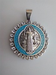 Catholic One XL St Benedict Medal Glass Stones Two-Sided Blue Red Accents Enamel