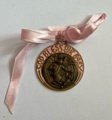 God Bless Our Baby Catholic Baptism Crib Medal Baby Girl Pink 2″ Round