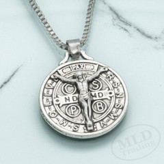 Jesus Crucifix Saint St Benedict Medal Cross Pendant Necklace 24″ Box Chain