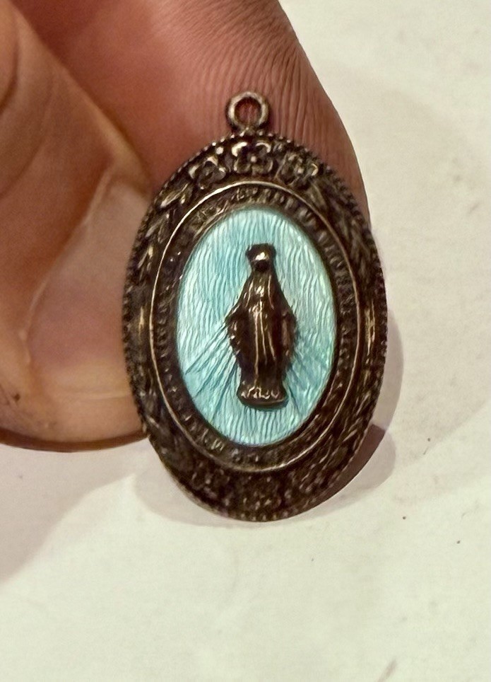 Antique Art Deco Sterling Silver Miraculous Mary Medal Blue Enamel