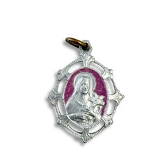 Vintage Saint Therese of Lisieux Pink Enamel Silvertone Medal Charm Pendant
