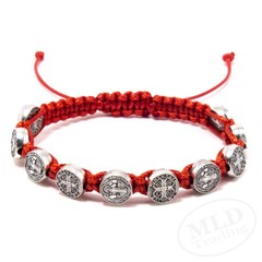 Red Macrame Saint St Benedict Medal Cord Bracelet – Adjustable, 10 Medals