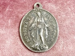 Antique French Silver Miraculous Medal Virgin Mary Religious Large Pendant 1897