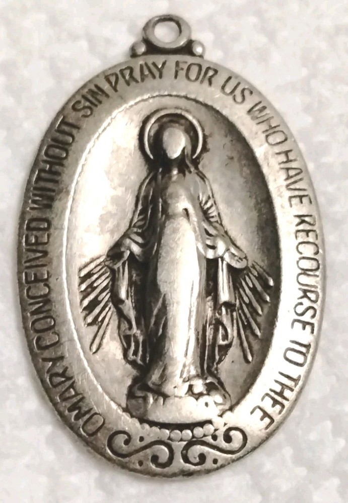 Antique 1920’s Catholic Sterling Silver Virgin Mary Medal Pendant