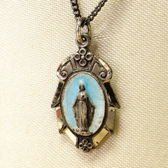 Vintage HMH STERLING SILVER & Enamel Religious Miraculous Medal Pendant Rare!